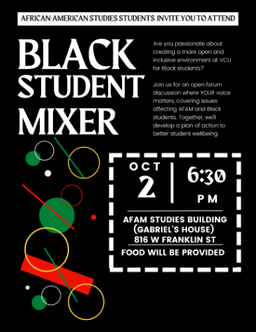 Flyer for the AFAMSG Black Student Mixer, held 10-2-24 in Gabriel's House, 816 W Franklin St.