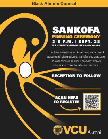 Flyer for the VCU Black Alumni Council Sankofa Pinning Ceremony