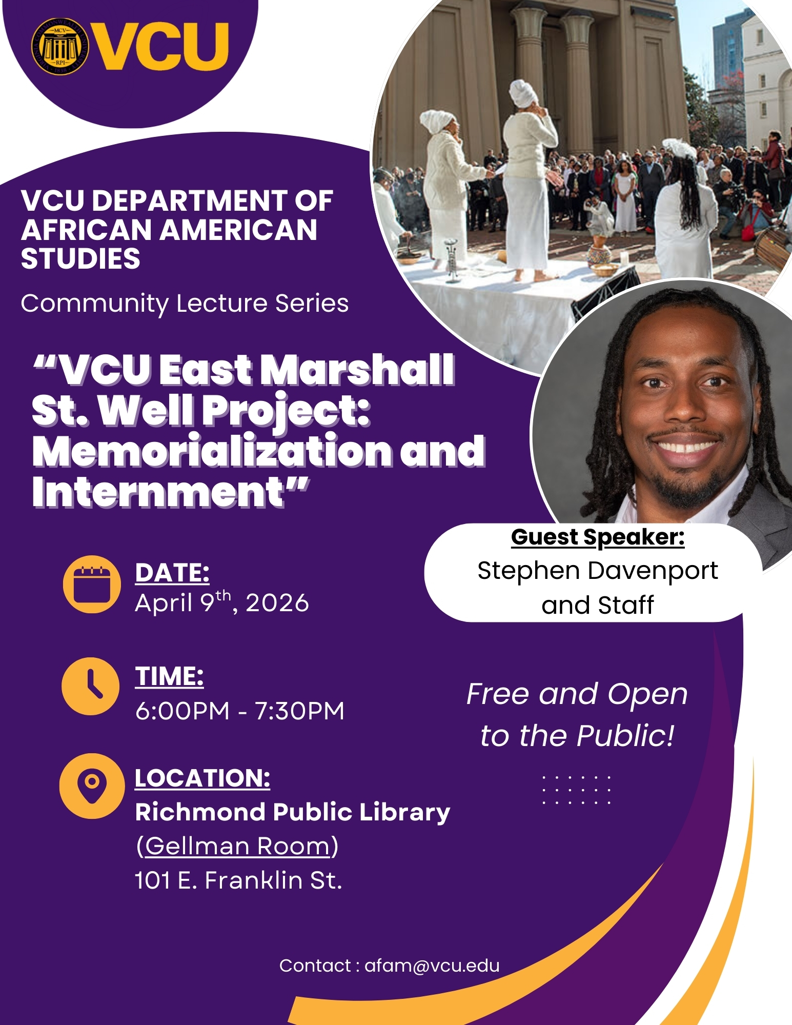 Flyer for AFAM Community Lecture on the VCU Well Project