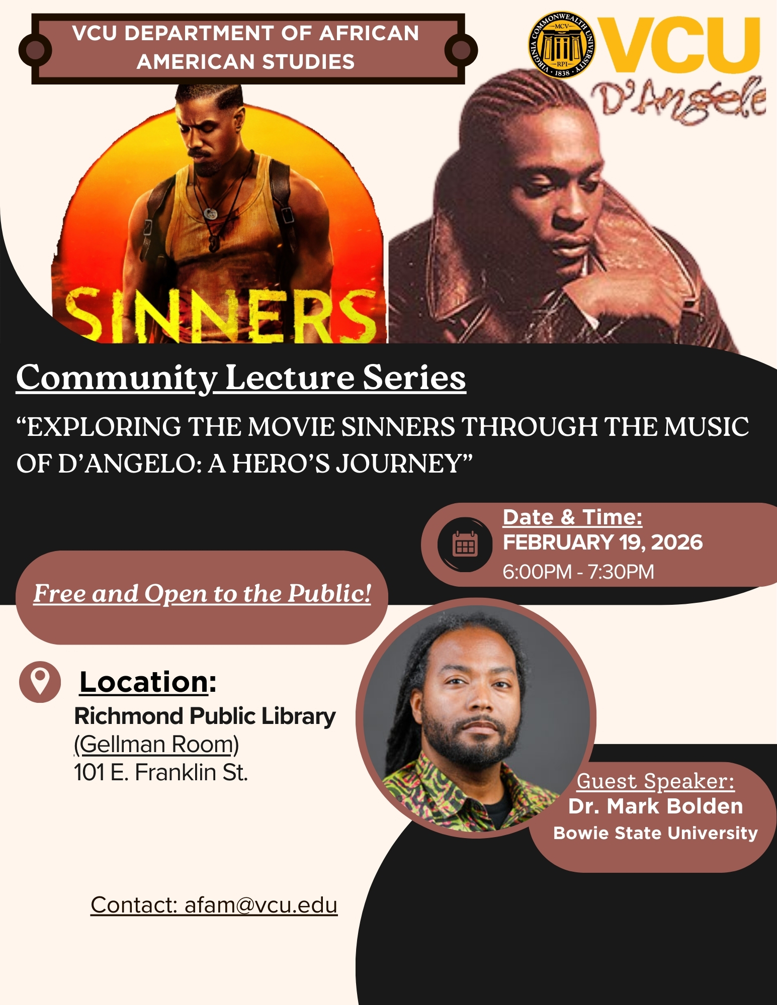 A flyer for the African American Studies Community Lecture Series talk Exploring the Movie Sinners Through the Music of D'Angelo: A Hero's Journey.