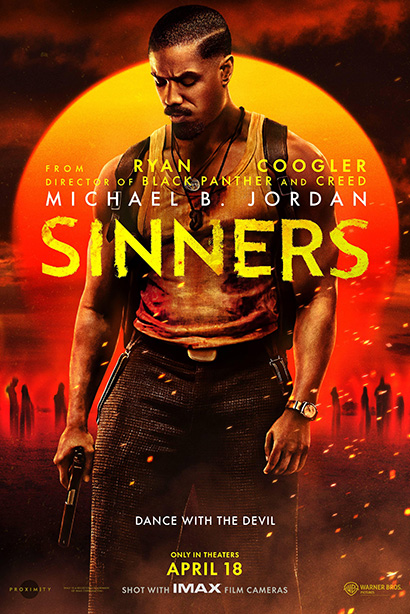A movie poster for 'Sinners' including the film title and an image of a man wearing a sleeveless shirt and a shoulder holster, looking down an holding a handgun in front of a setting sun and blurry silhouettes of people
